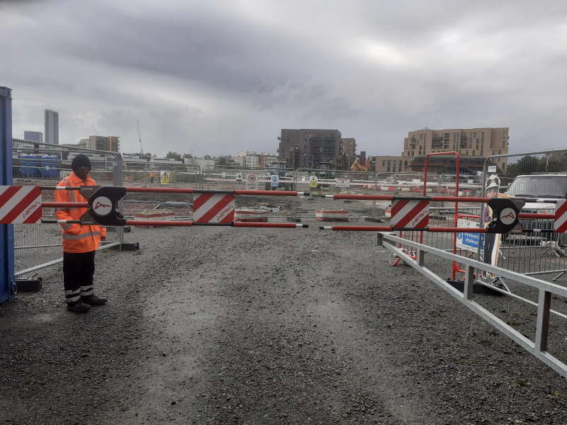 Solar electric barrier controlling traffic for Erith who are preparing a site in East London.
